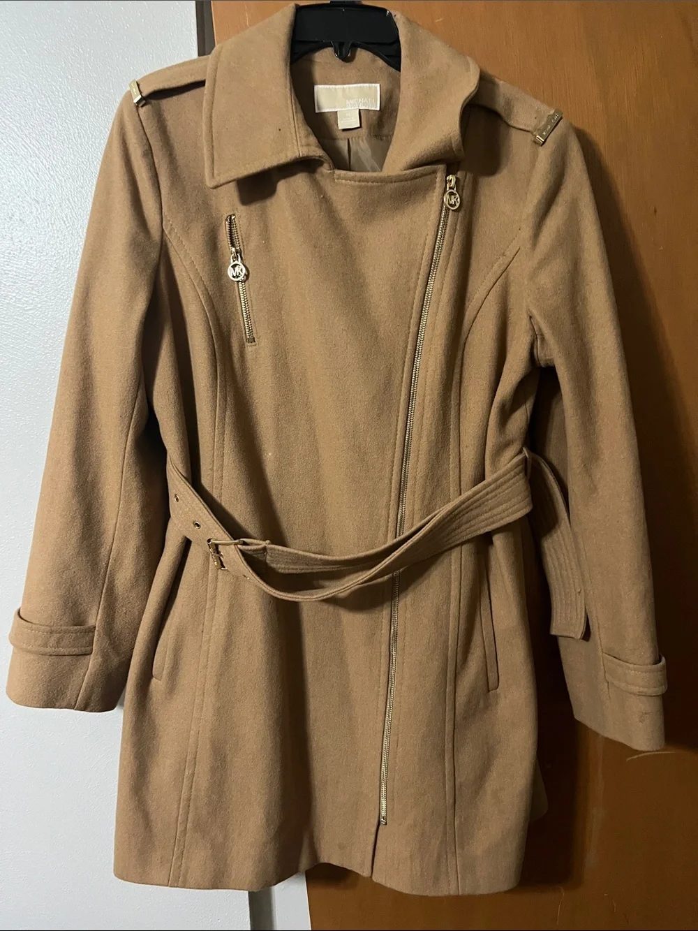 Michael Kors Camel Tan Wool Blend Belted Trench Coat with Gold Hardware